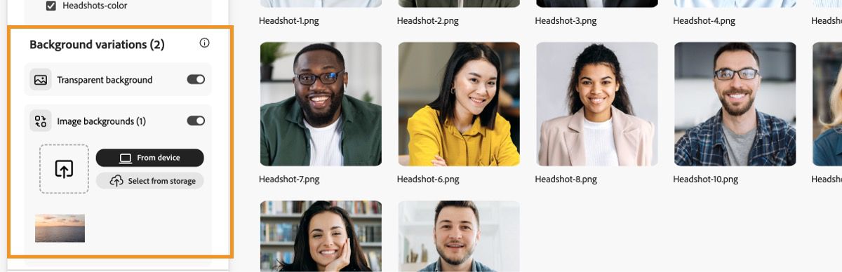 A seção Variações de Fundo exibe opções para gerar saídas com fundo transparente ou de imagem.