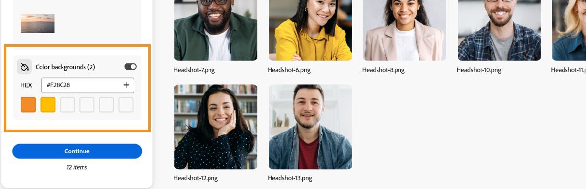 Headshot screen displays the enabled Color background section with a HEX code input and color swatches.