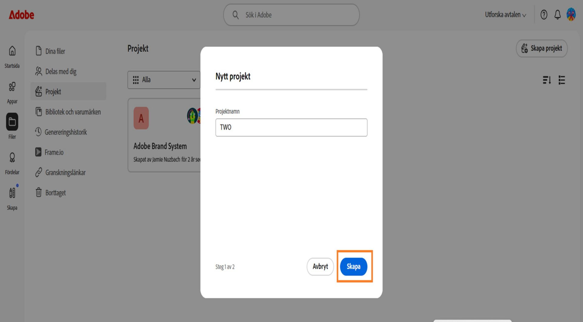 Knappen Skapa, som finns i det nedre högra hörnet av fönstret Nytt projekt, gör att du kan skapa ett nytt projekt efter att du angett ett projektnamn. 