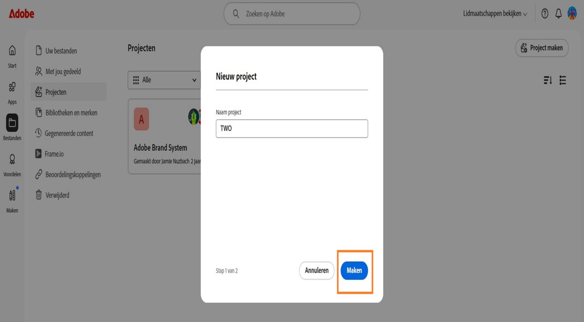 De button Maken, beschikbaar in de rechteronderhoek van het venster Nieuw Project, stelt je in staat om een nieuw Project te maken na het invoeren van een projectnaam. 