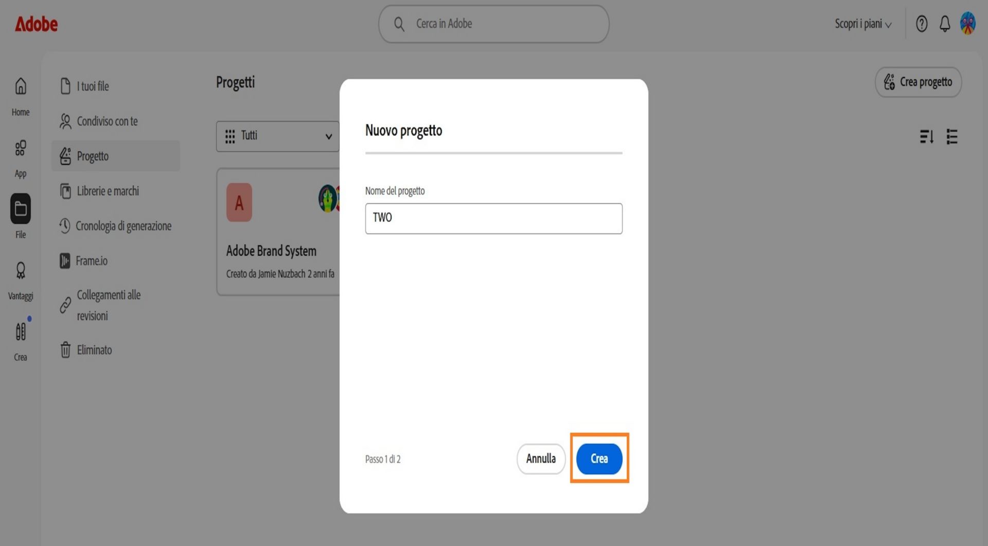 Il pulsante Crea, disponibile nell'angolo in basso a destra della finestra Nuovo progetto, ti consente di creare un nuovo progetto dopo aver immesso un nome per il progetto. 