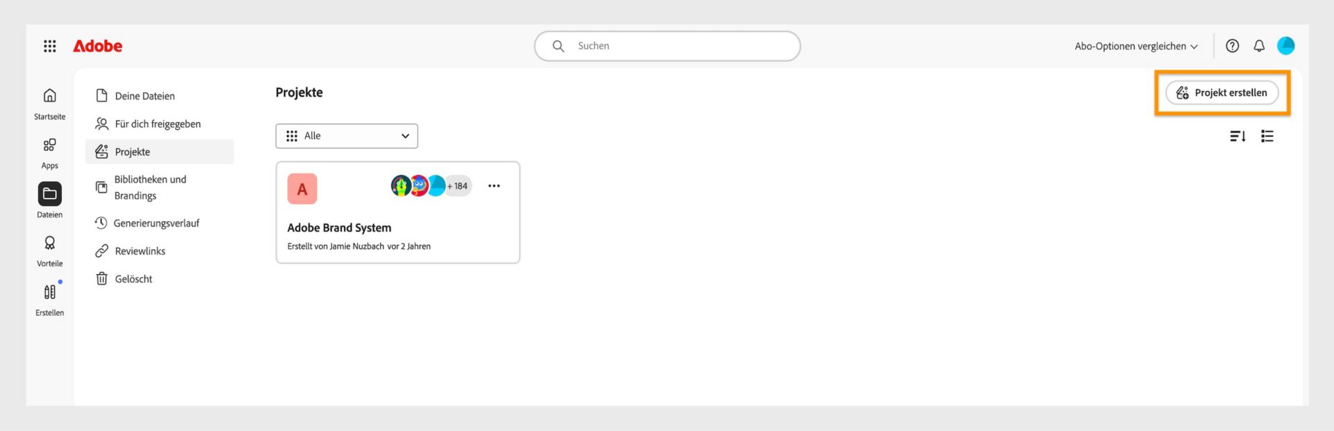 Über die Schaltfläche „Projekt erstellen“ in der oberen rechten Ecke des Tabs „Projekte“ kannst du ein neues Projekt anlegen. 