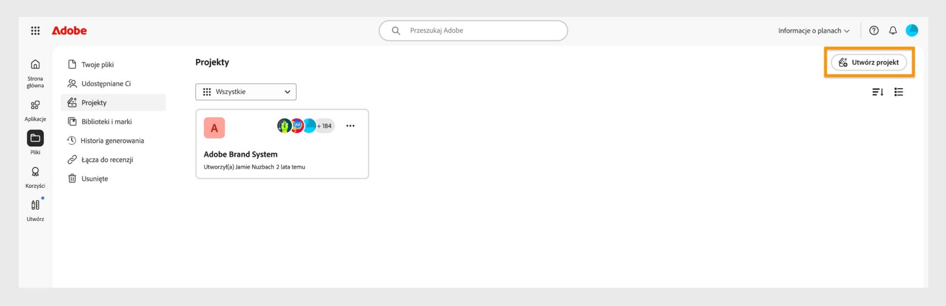 Przycisk Utwórz projekt, dostępny w prawym górnym rogu karty Projekty, umożliwia utworzenie nowego projektu. 