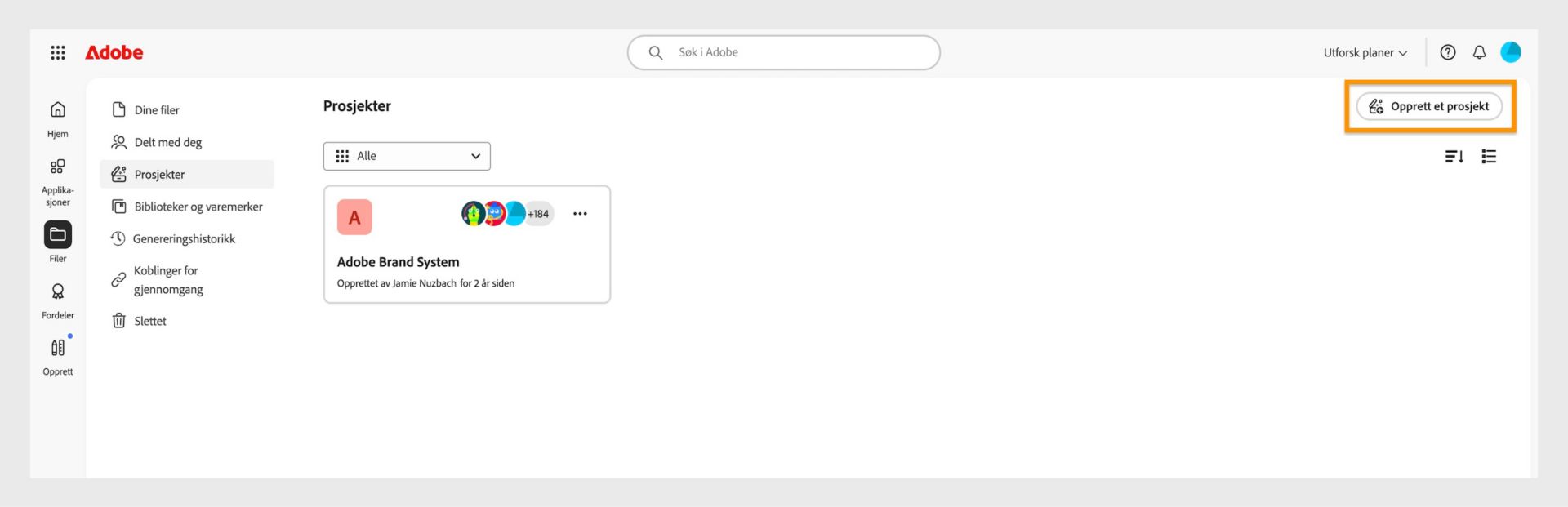 Opprett prosjekt-knappen, som er tilgjengelig øverst til høyre i Prosjekter-fanen, lar deg opprette et nytt prosjekt. 