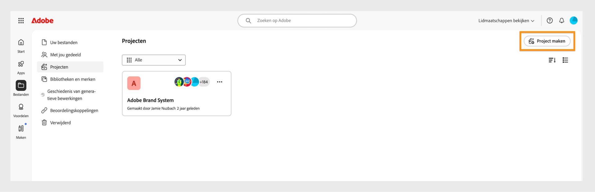 De button Project maken, beschikbaar in de rechterbovenhoek van het tabblad Projecten, stelt je in staat om een nieuw Project te maken. 