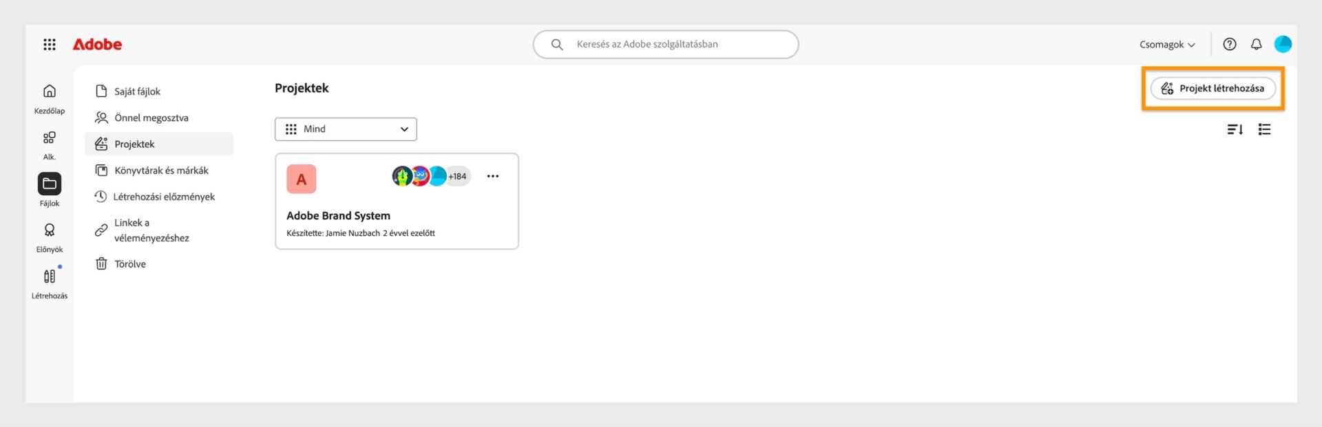 A Projektek lapon a jobb felső sarokban elérhető Projekt létrehozása gomb lehetővé teszi új projekt létrehozását. 