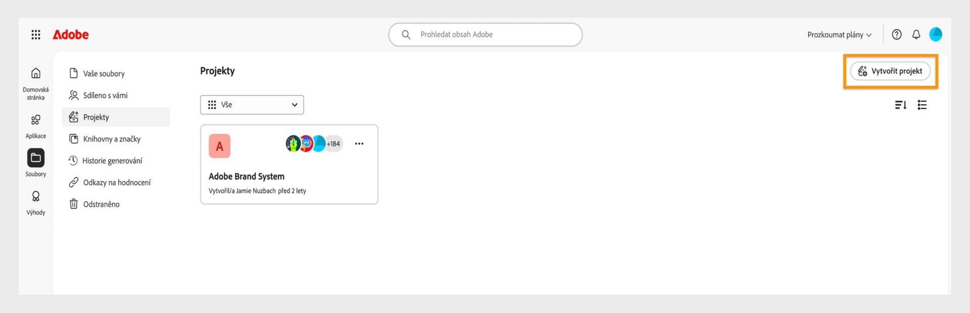 Tlačítko Vytvořit projekt, dostupné v pravém horním rohu na kartě Projekty, vám umožňuje vytvořit nový projekt. 