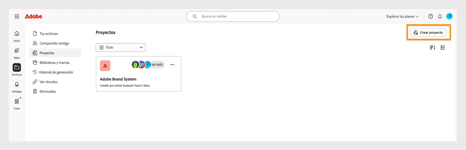 El botón Crear proyecto, disponible en la esquina superior derecha de la pestaña Proyectos, permite crear un nuevo proyecto. 