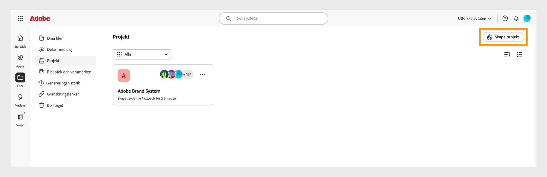 Knappen Skapa projekt, som finns i det övre högra hörnet på fliken Projekt, gör att du kan skapa ett nytt projekt. 