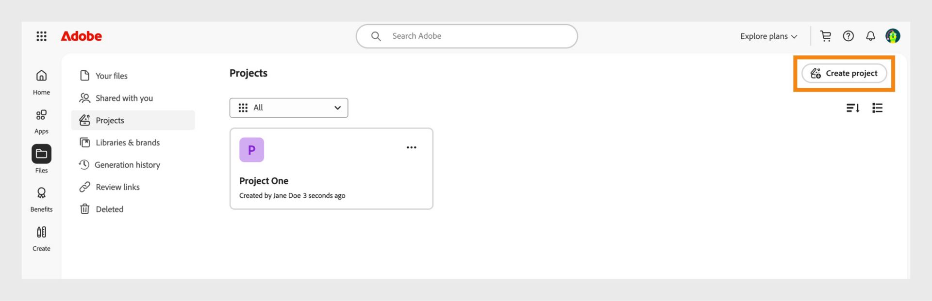 Tlačidlo Vytvoriť projekt, dostupné v pravom hornom rohu na karte Projekty, vám umožňuje vytvoriť nový projekt. 