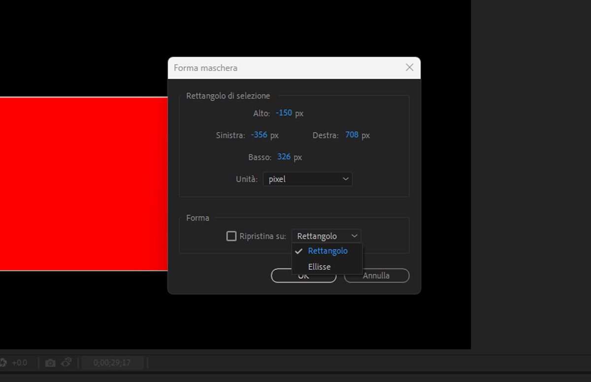 Finestra di dialogo Forma maschera aperta con le impostazioni per configurare Rettangolo di selezione e Forma.