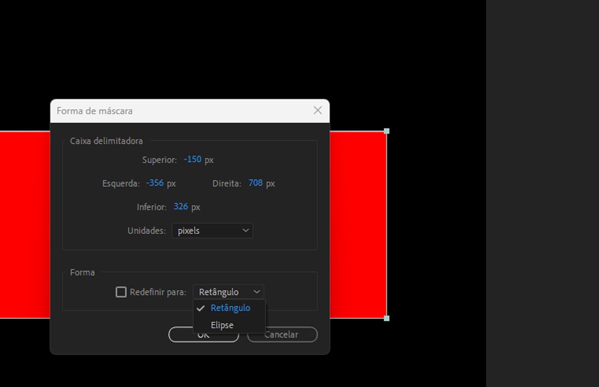 A caixa de diálogo Forma da Máscara aberta com configurações da Caixa Delimitadora e Forma a serem definidas.