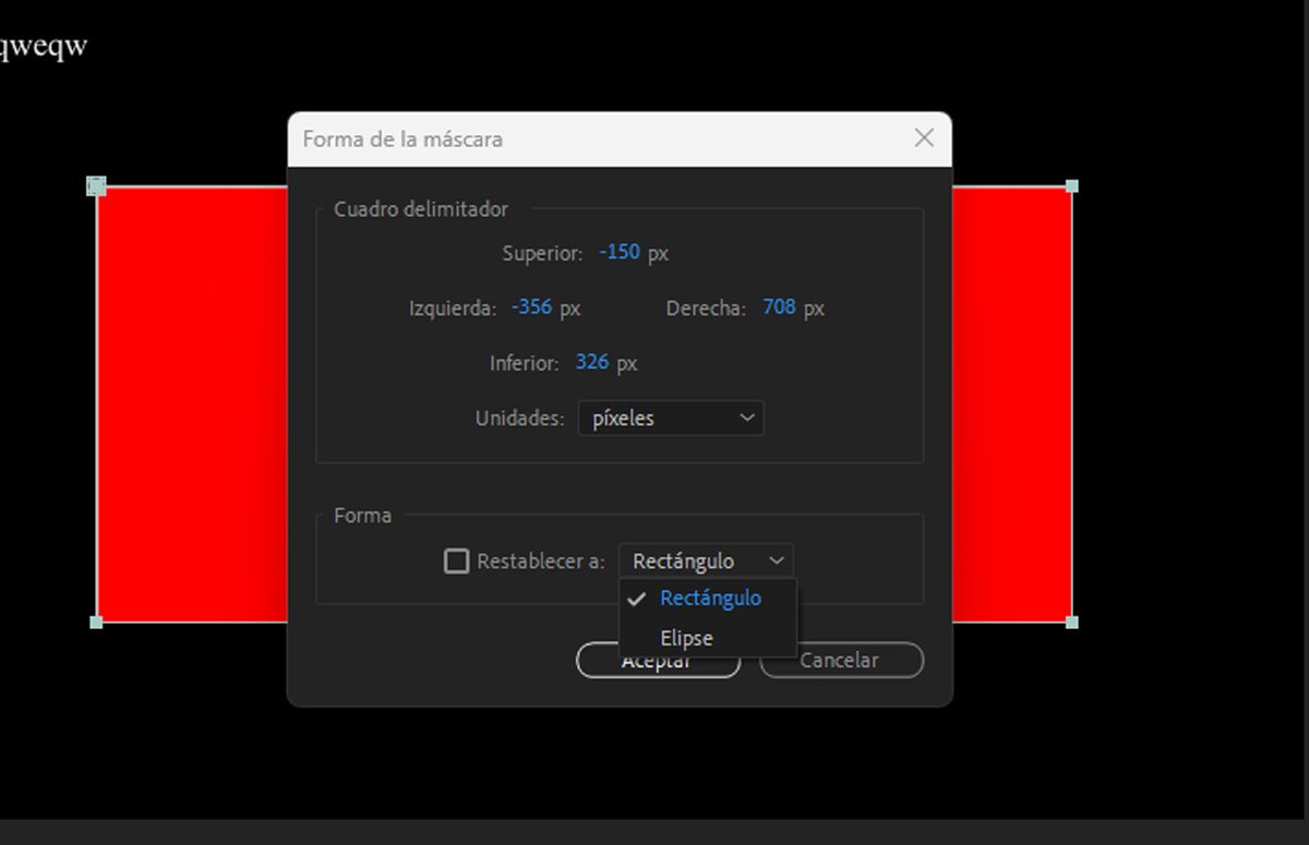 El cuadro de diálogo Forma de la máscara está abierto y hay ajustes para configurar Cuadro delimitador y Forma.