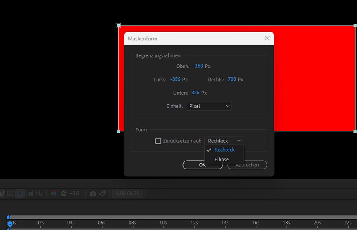 Das Dialogfeld „Maskenform“ ist mit konfigurierbaren Einstellungen für „Begrenzungsrahmen“ und „Form“ geöffnet.