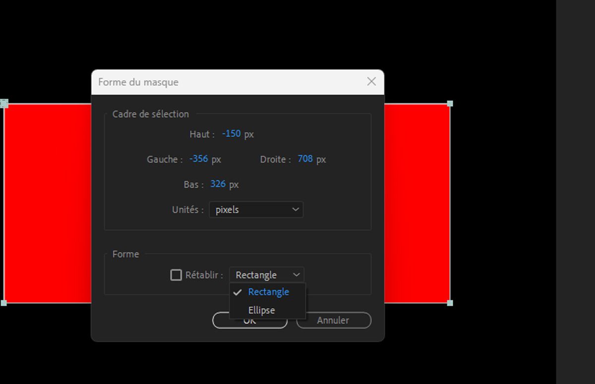 La boîte de dialogue Forme du masque est ouverte et il est possible de configurer les paramètres du cadre de sélection et de la forme.