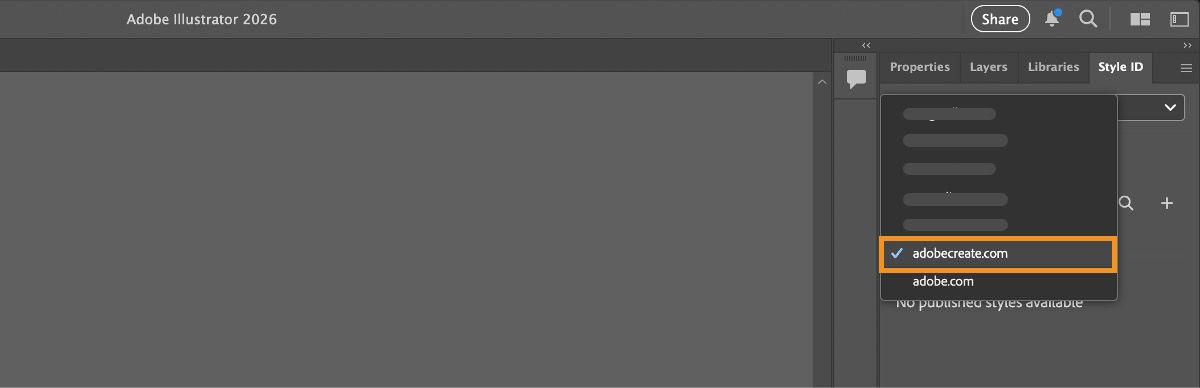O painel “ID de estilo” e o menu suspenso “Perfil” estão abertos para você escolher um perfil.