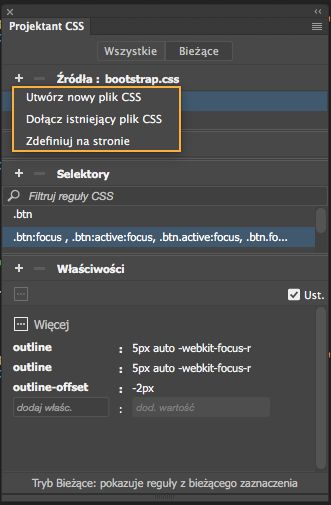 Tworzenie i dołączanie arkuszy stylów za pomocą panelu Projektant CSS