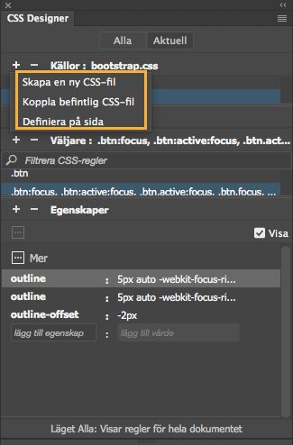 Skapa och koppla formatmallar med hjälp av CSS Designer