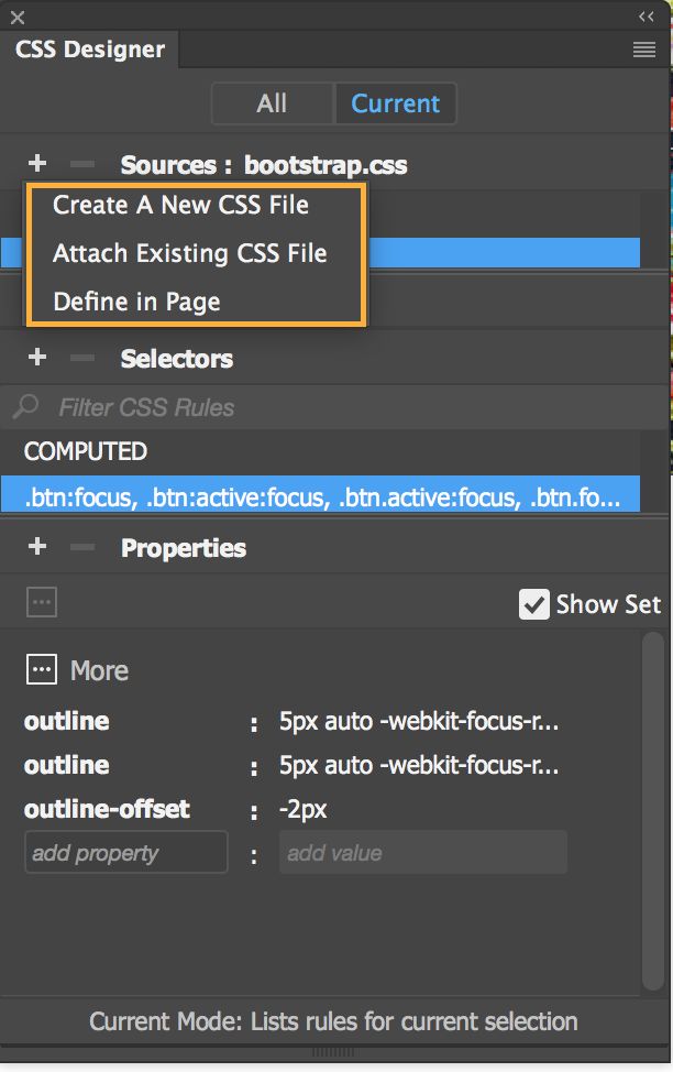 إنشاء أوراق الأنماط وإرفاقها باستخدام CSS Designer