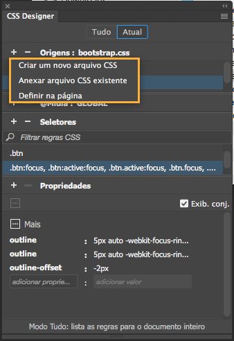 Criar e anexar folhas de estilos usando o CSS Designer