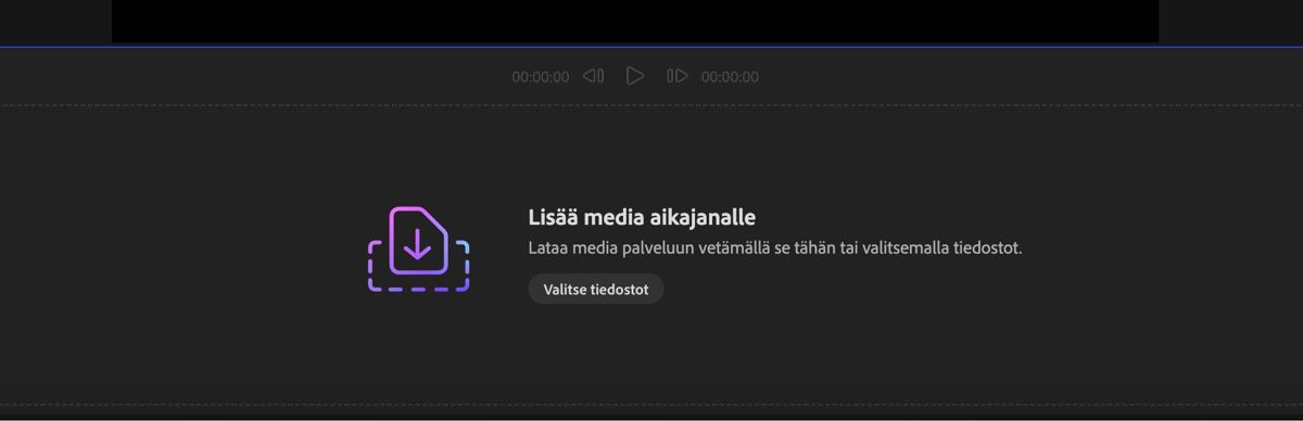 Lisää media -osio on avattuna, ja voit vetää ja pudottaa mediatiedostot palveluun tai valita Valitse tiedostot ja ladata tiedostot paikallisesta laitteesta.