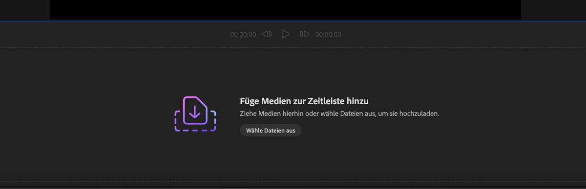 Der Abschnitt „Medien hinzufügen&quot; ist geöffnet und du kannst die Medien per Drag & Drop hinzufügen. Über „Dateien auswählen&quot; kannst du Dateien vom lokalen Gerät hochladen.