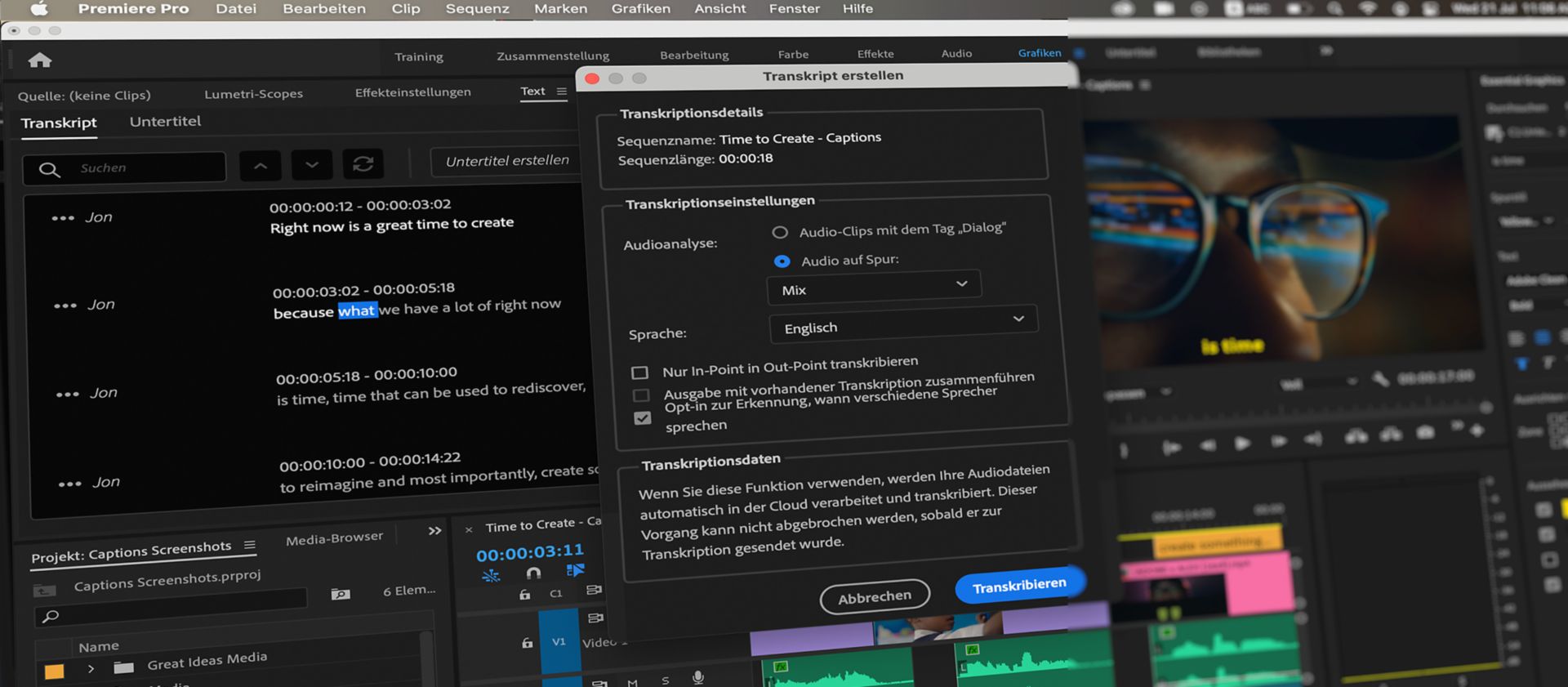 „Sprache in Text“ in Premiere Pro