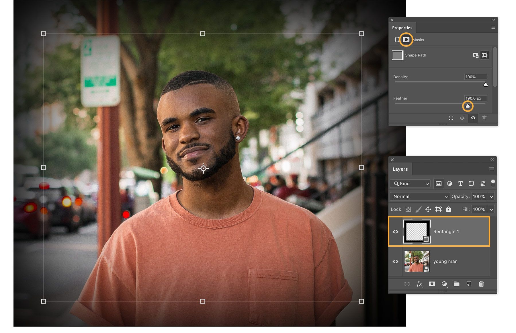 ผู้ชายถูกย้ายไปที่เลเยอร์ใหม่ มาสก์จะได้รับการเพิ่มไปที่เลเยอร์พื้นหลัง มีการเพิ่มค่า Feather และมีการปรับตั้งค่า Opacity เพื่อสร้างวิกเนต 