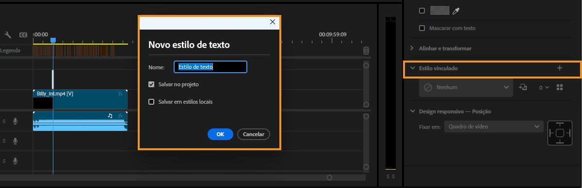 A interface mostra a caixa de diálogo para adicionar um novo estilo de texto com os estilos Salvar no projeto e Salvar no local destacados.