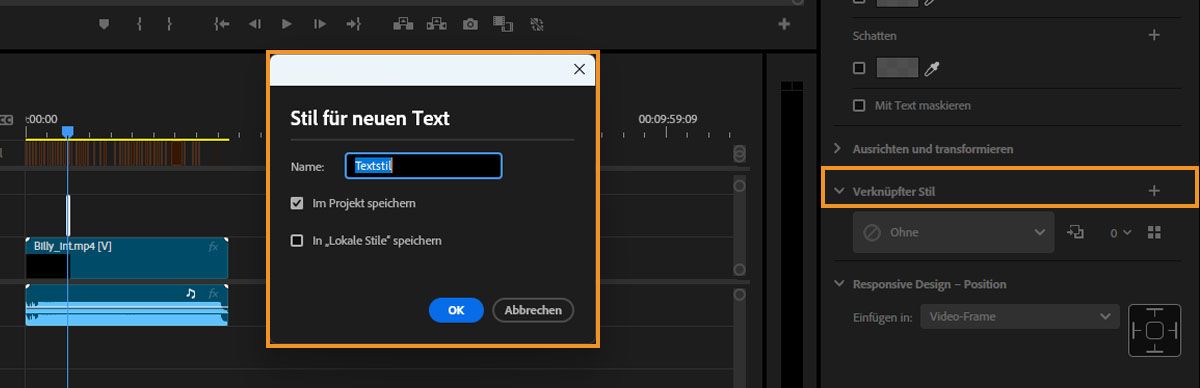 Die Benutzeroberfläche zeigt den Dialog zum Hinzufügen eines neuen Textstils an, wobei die Optionen „Im Projekt speichern“ und „In ,Lokale Stile‘ speichern“ hervorgehoben sind.