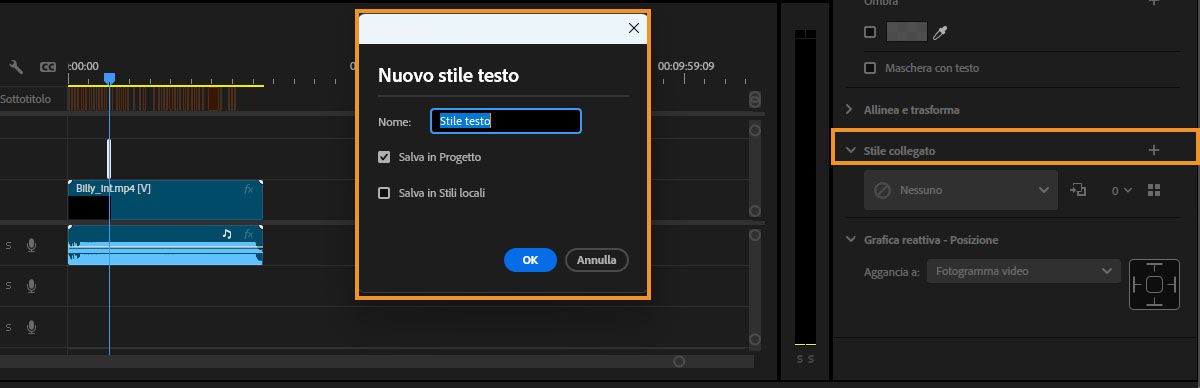 Interfaccia utente che mostra la finestra di dialogo per aggiungere un nuovo stile di testo con gli stili Salva nel progetto e Salva a livello locale evidenziati.
