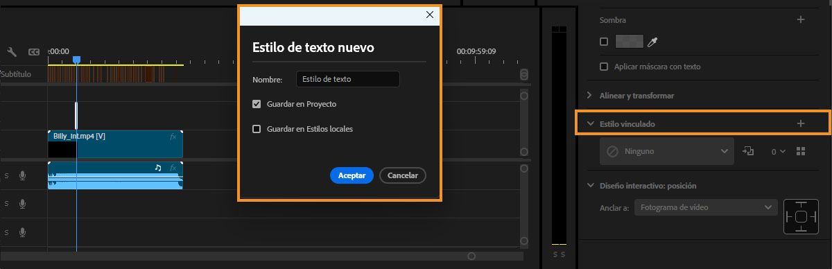 La IU muestra el cuadro de diálogo para añadir un nuevo estilo de texto con los estilos Guardar en proyecto y Guardar en estilos locales resaltados.