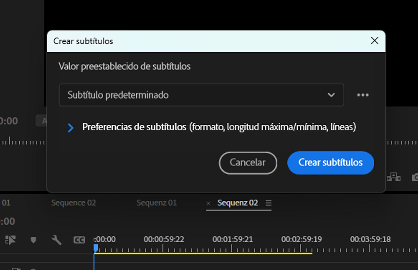 El cuadro de diálogo Crear subtítulos está abierto con opciones sobre cómo se pueden organizar los subtítulos en la cronología.