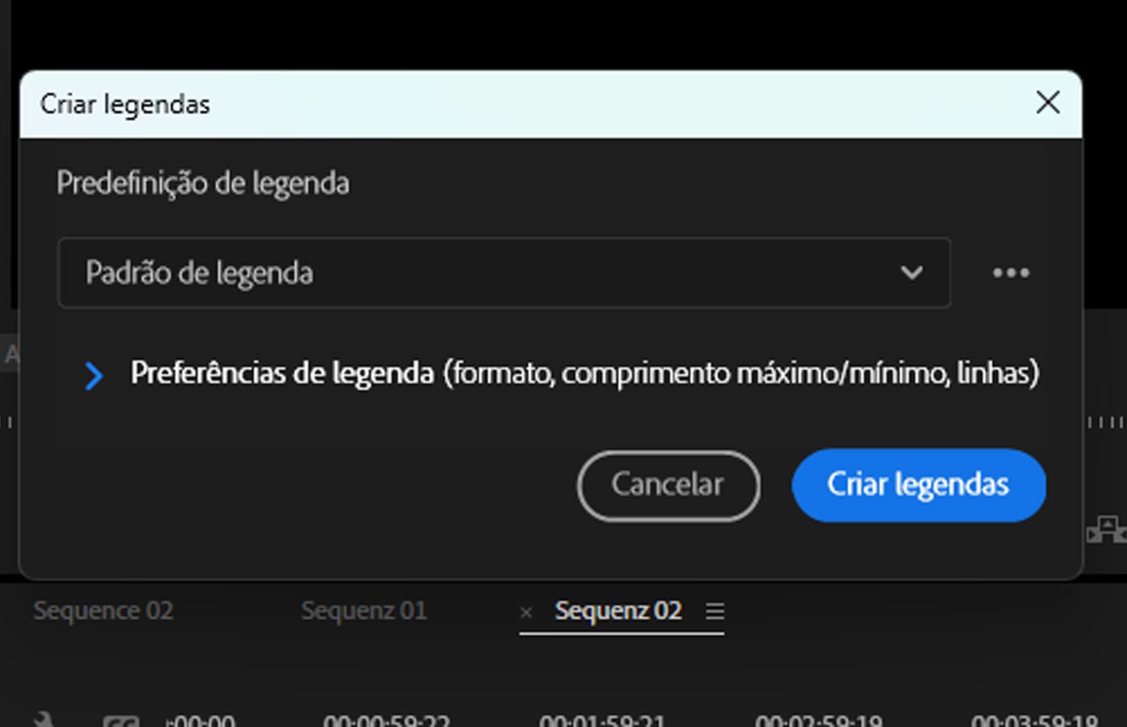 A caixa de diálogo “Criar legendas” aberta com opções de como as legendas podem ser organizadas na linha do tempo.