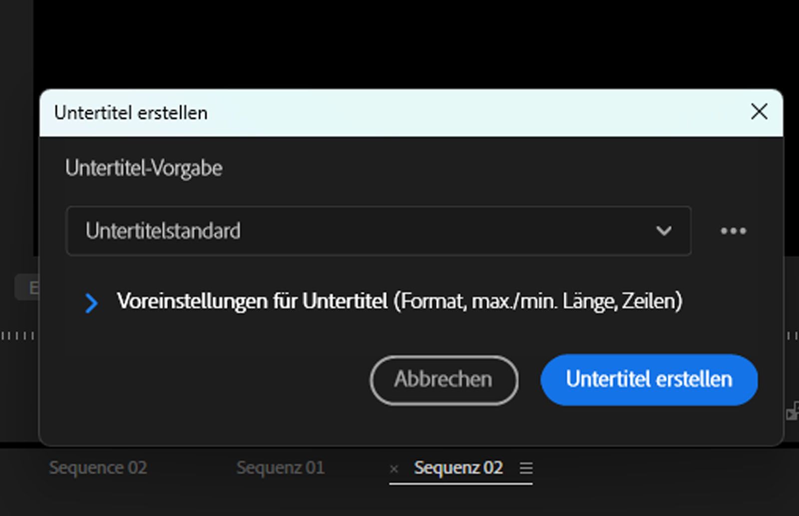 Das Dialogfeld „Untertitel erstellen“ ist mit Optionen zum Anordnen von Untertiteln im Schnittfenster geöffnet.