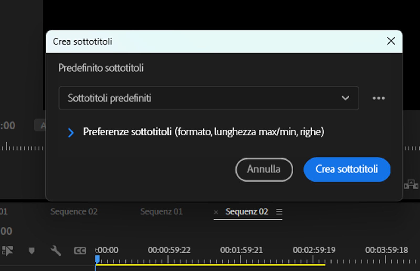 La finestra di dialogo Crea sottotitoli è aperta con le opzioni per definire come disporre i sottotitoli sulla timeline.