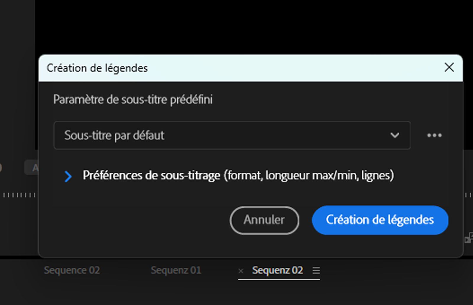 La boîte de dialogue Créer des sous-titres est ouverte et contient des options de mise en place pour les sous-titres sur le montage.