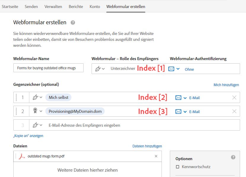 Mehrere Empfangende auf der Benutzeroberfläche „Webformular erstellen“