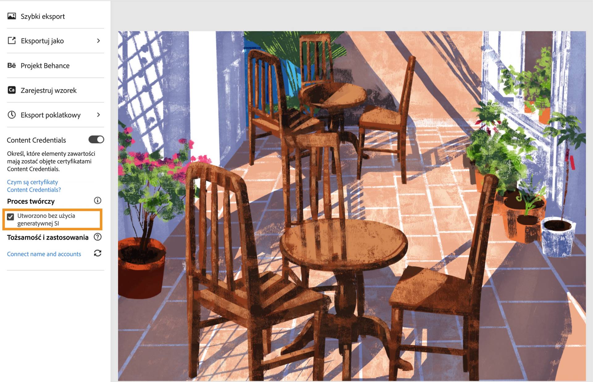 Etykieta Utworzono bez użycia generatywnej SI jest automatycznie zaznaczana, jeśli do utworzenia dokumentu nie została użyta generatywna sztuczna inteligencja