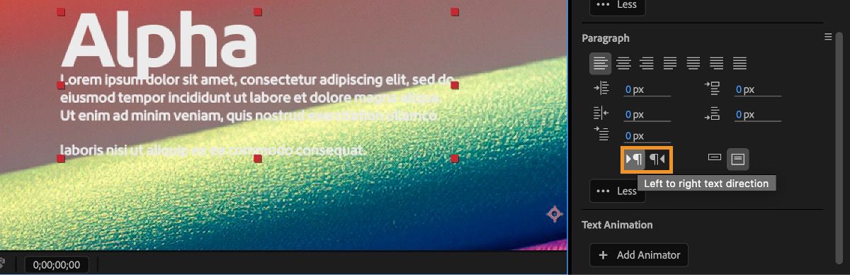 O painel Parágrafo está aberto e há opções para alterar a direção do texto. 