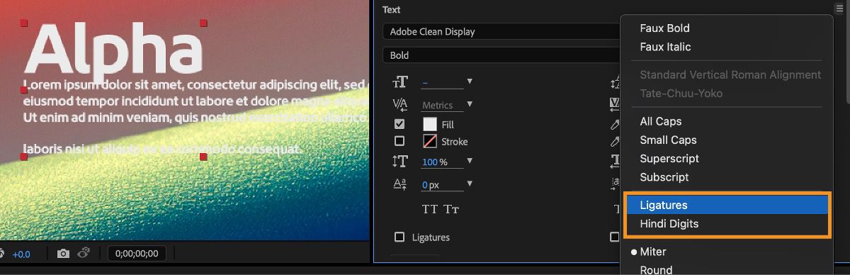 A opção de ligaduras de fonte é realçada no painel “Caractere” do After Effects.