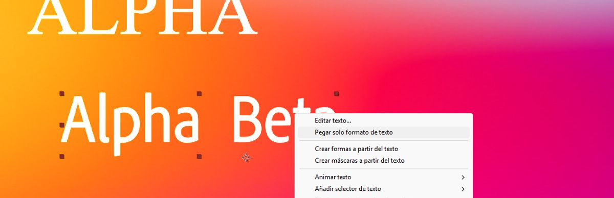 Se selecciona una Capa de texto y, en el menú contextual, se elige la opción Pegar solo formato de texto.