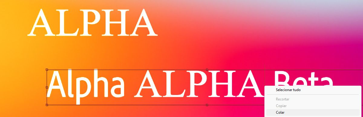 O texto é colado por meio da opção Colar do menu de contexto. O texto colado mantém a fonte e o estilo originais.