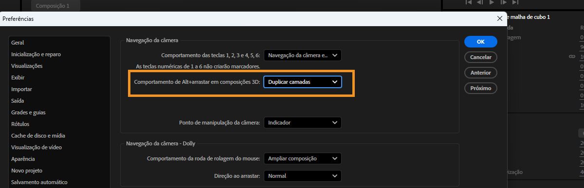 A caixa de diálogo Preferências está aberta e, no painel 3D, em Navegação da câmera, o comportamento de arrastar com a tecla Option pressionada em composições 3D está marcado.