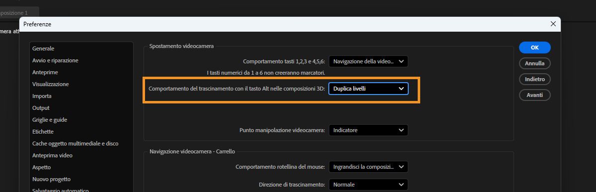 La finestra di dialogo Preferenze è aperta e nel riquadro 3D, in Navigazione della videocamera, l’opzione comportamento Opzione + trascina in composizioni 3D è selezionata.