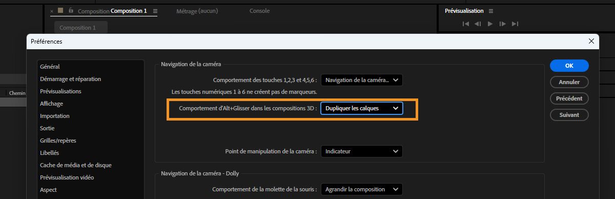 La boîte de dialogue Préférences est ouverte et, dans le panneau 3D, sous la commande Navigation de la caméra, l’option Faire glisser en maintenant la touche Option enfoncée dans les compositions 3D est activée.