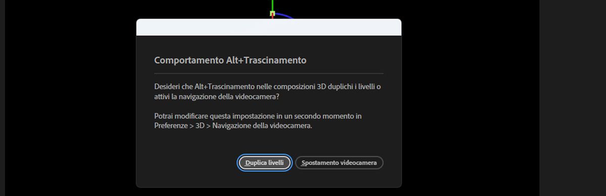La finestra di dialogo del comportamento Opzione + trascina è aperta con le opzioni per impostarla in modo da consentire la Navigazione della videocamera o Duplica livelli.