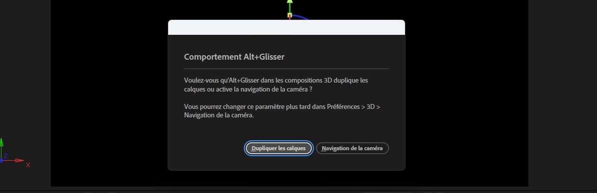 La boîte de dialogue Faire glisser en maintenant la touche Option enfoncée est ouverte, avec la possibilité de la régler pour autoriser la navigation de la caméra ou dupliquer les calques.