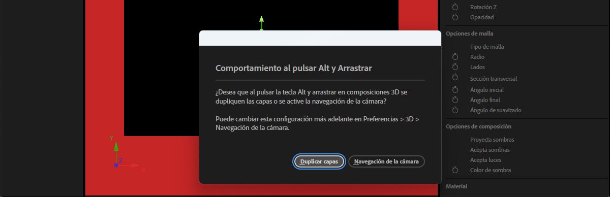 El cuadro de diálogo de comportamiento Opción-arrastrar está abierto con las opciones para configurarlo para permitir la navegación de la cámara o Duplicar capas.