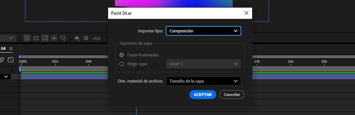 El cuadro de diálogo de importación está abierto y la opción de tipo de importación está configurada como Composición.